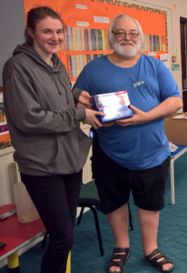 Martin Lynch's raffle prize awarded at the Quantum Technology Club's first meeting